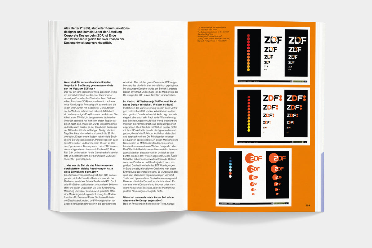 A5/11 ZDF TV+Design – spread on the ZDF logo redesign with orange presentation pages