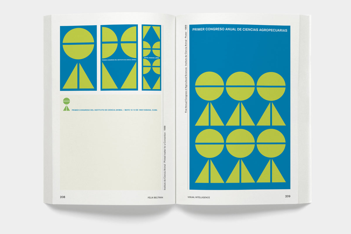 Félix Beltrán: Visual Intelligence – spread with geometric compositions in yellow and blue