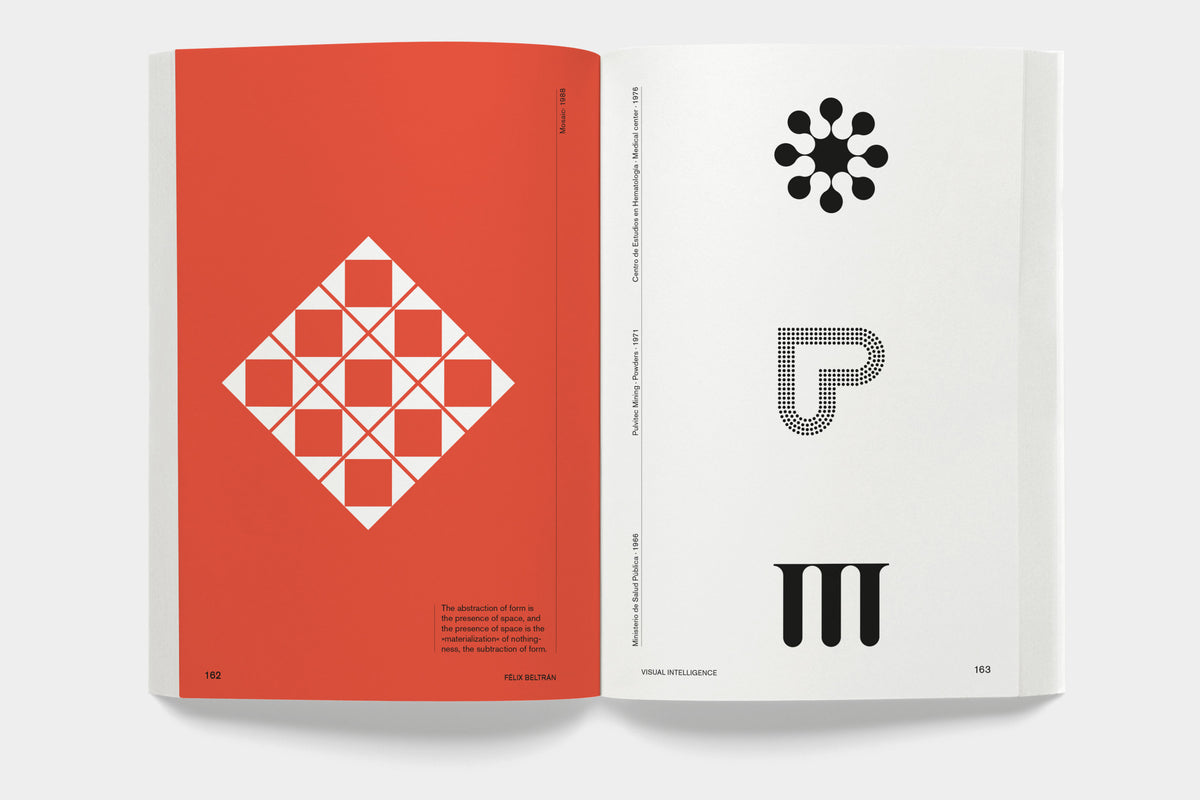 Félix Beltrán: Visual Intelligence – spread with a selection of Beltrán’s logos and trademarks