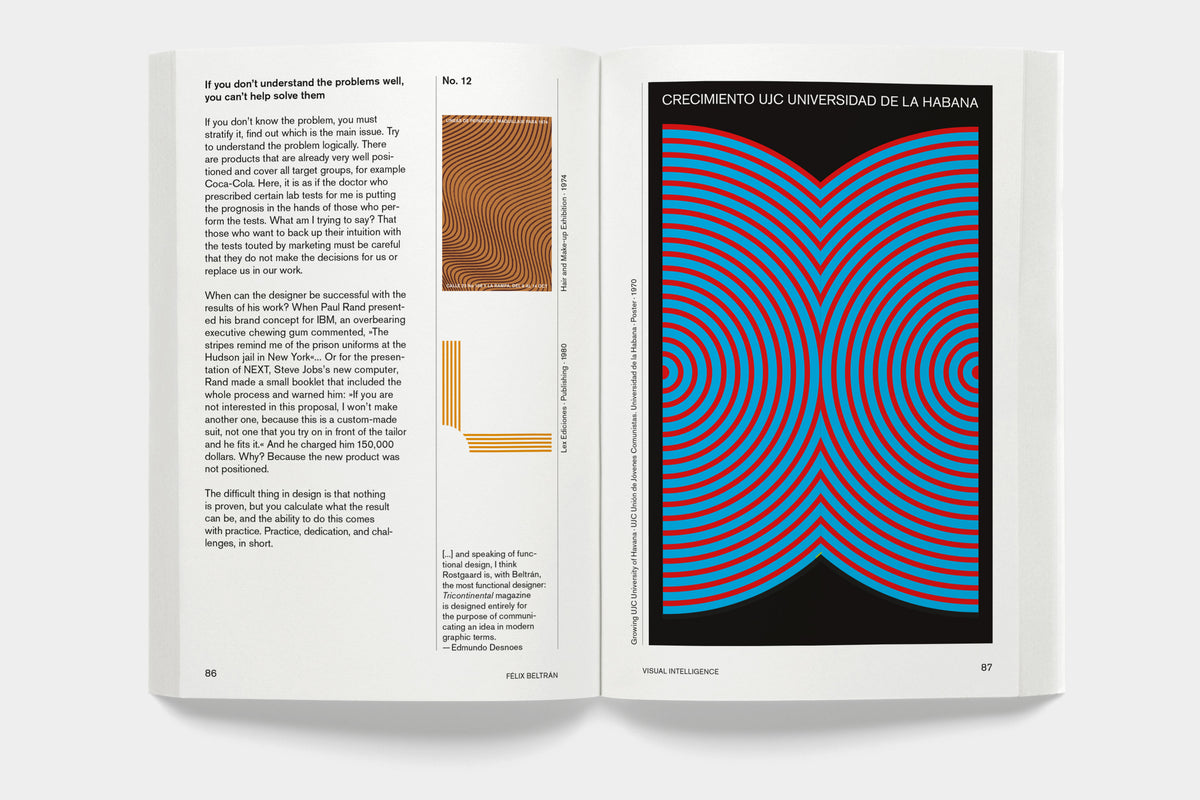 Félix Beltrán: Visual Intelligence – spread with text and a red-and-blue op-art poster