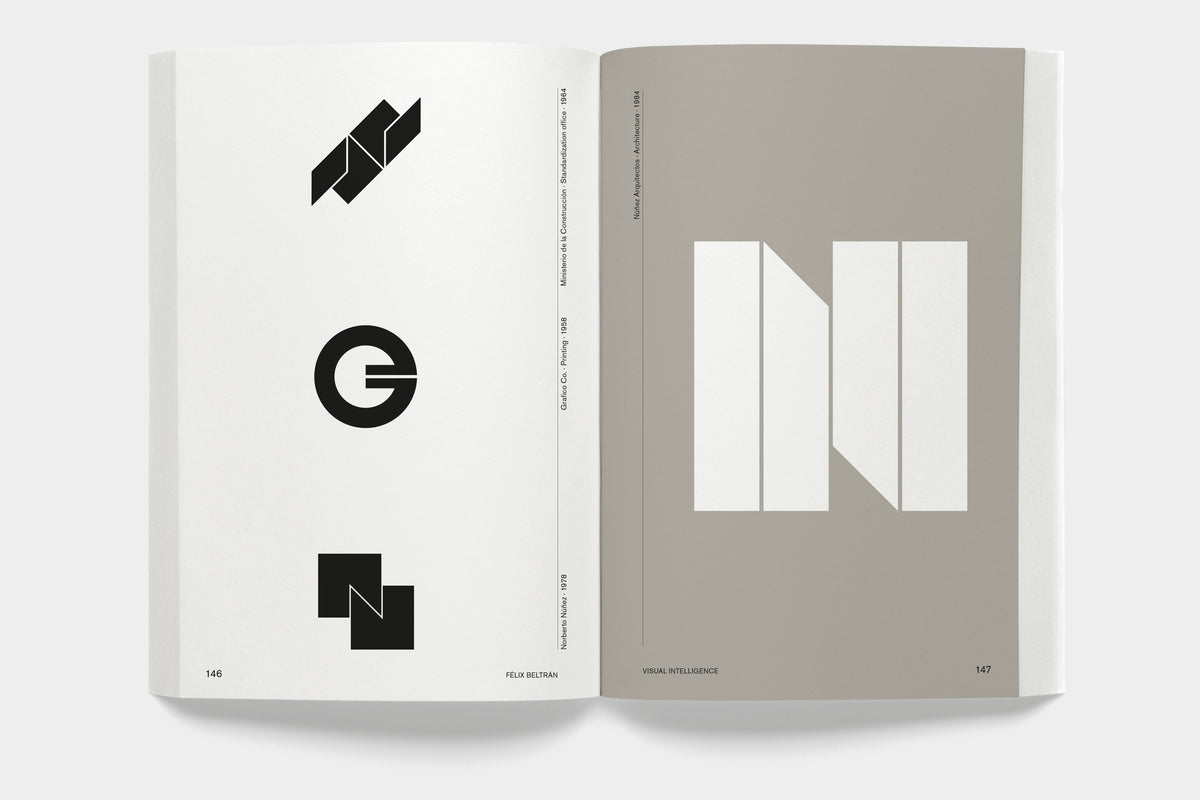 Félix Beltrán: Visual Intelligence – spread presenting a series of Beltrán’s logo designs