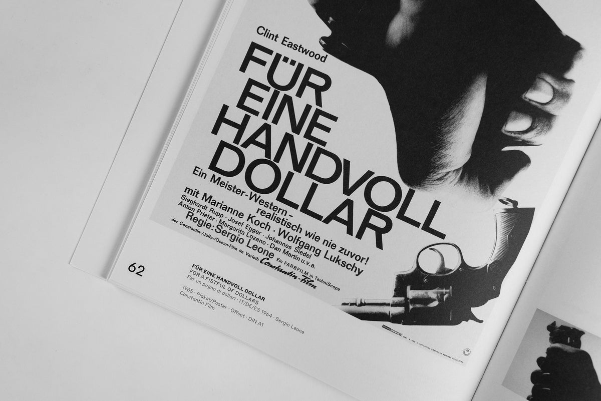 Hans Hillmann: Moving Pictures – spread with the poster for „Für eine Handvoll Dollar“ (Sergio Leone)