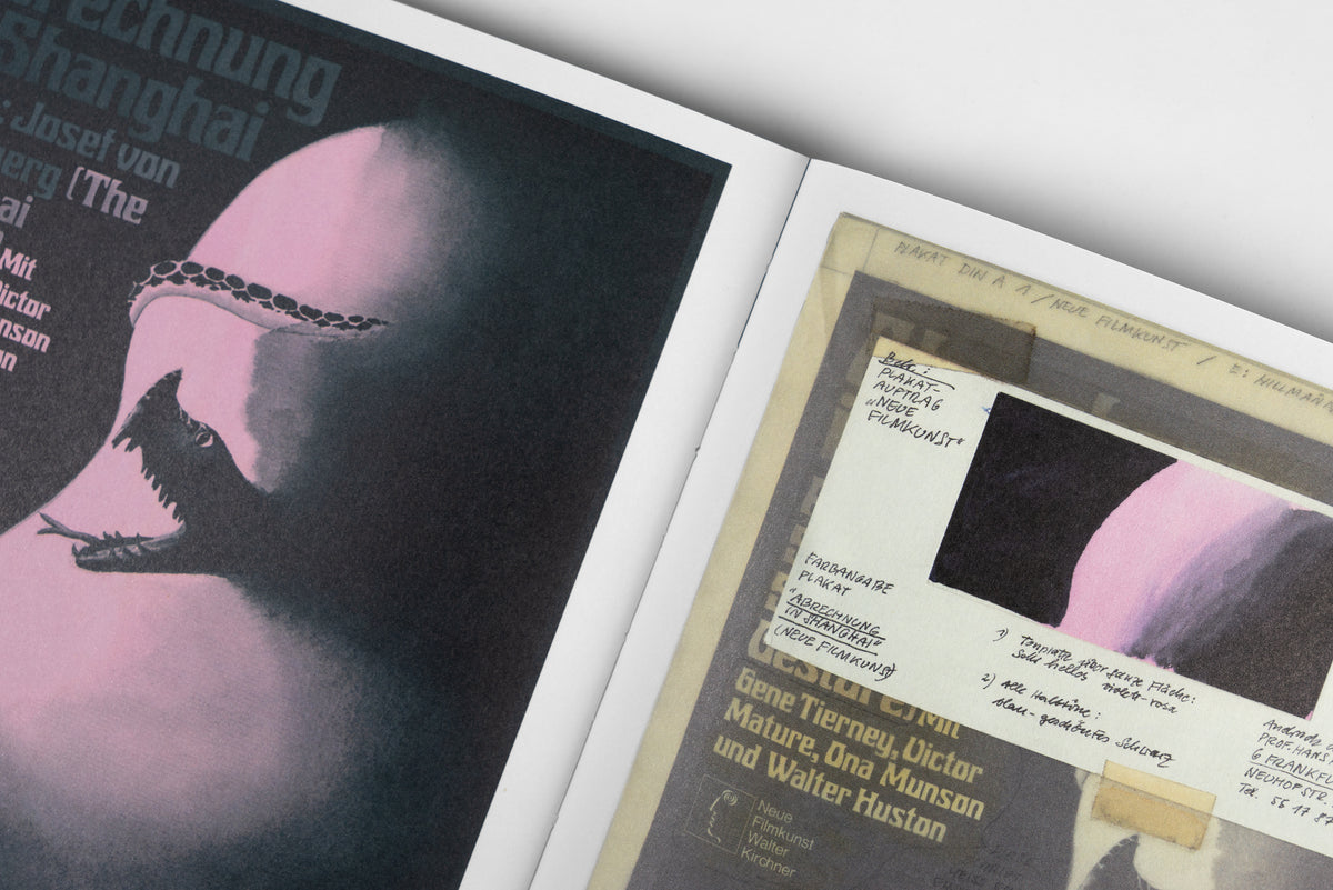 Hans Hillmann: Moving Pictures – spread with a pink-toned film poster and a draft sketch