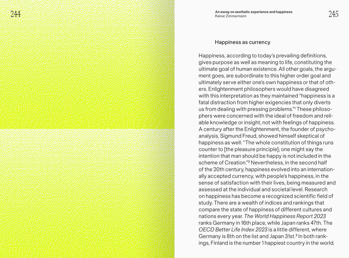 Japanese Happiness – spread with the essay „Happiness as currency“ on a yellow gradient