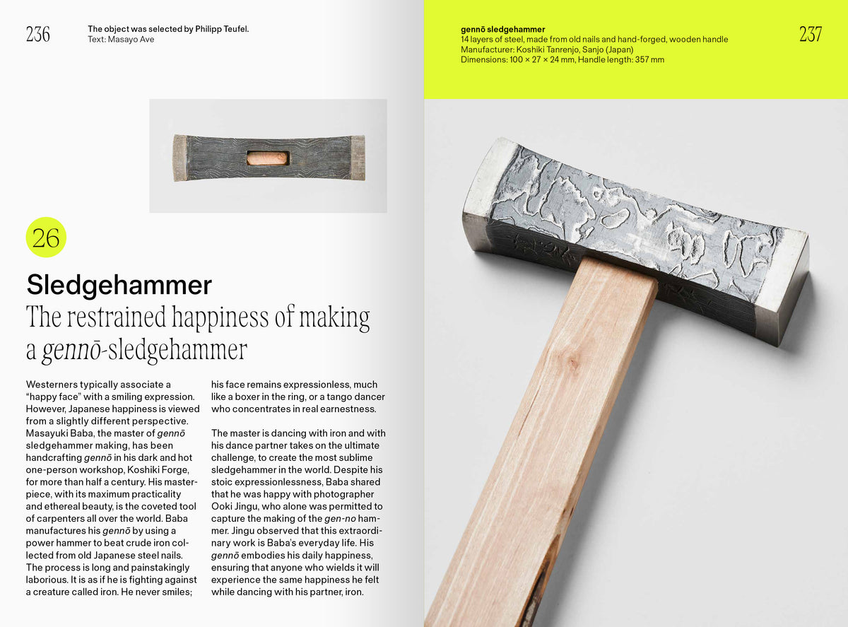 Japanese Happiness – spread with an essay and a photo of a hand-forged gennō sledgehammer