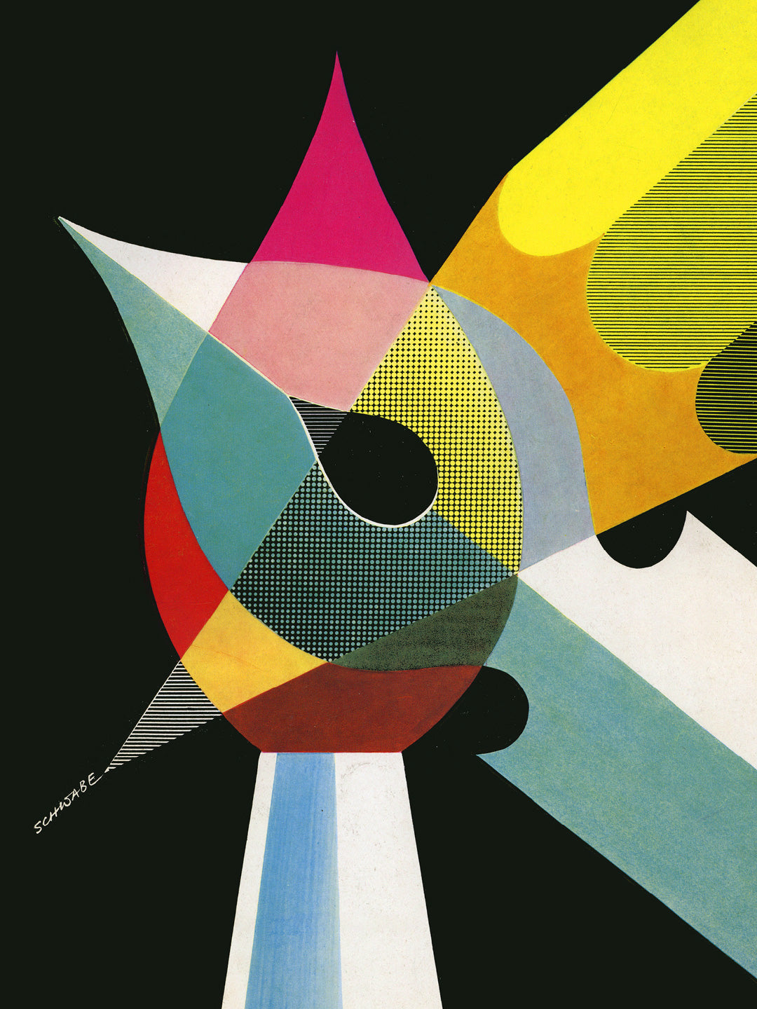 Abstract geometric composition in pink, yellow and blue