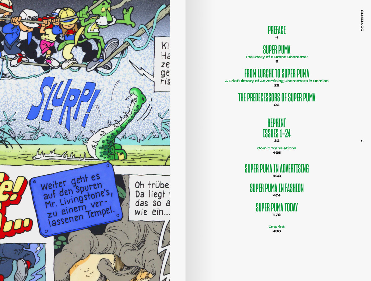 SUPER PUMA – spread with a comic page and the table of contents