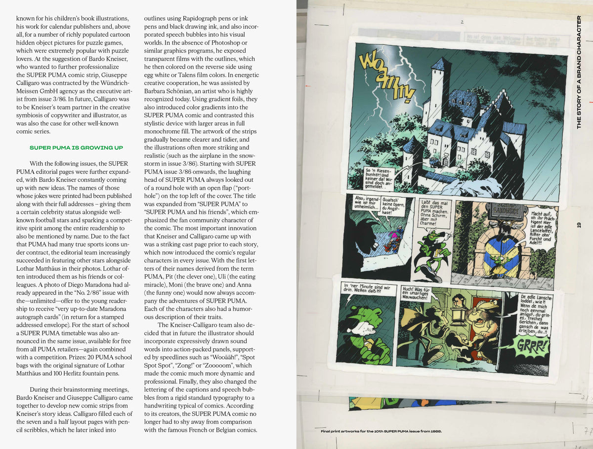 SUPER PUMA – spread with essay text and a reprinted comic page