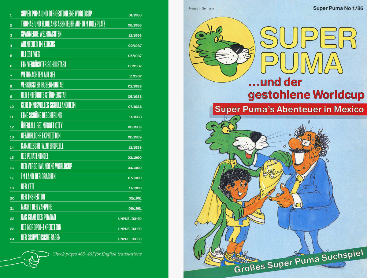 SUPER PUMA – spread with a green index page and a SUPER PUMA comic cover