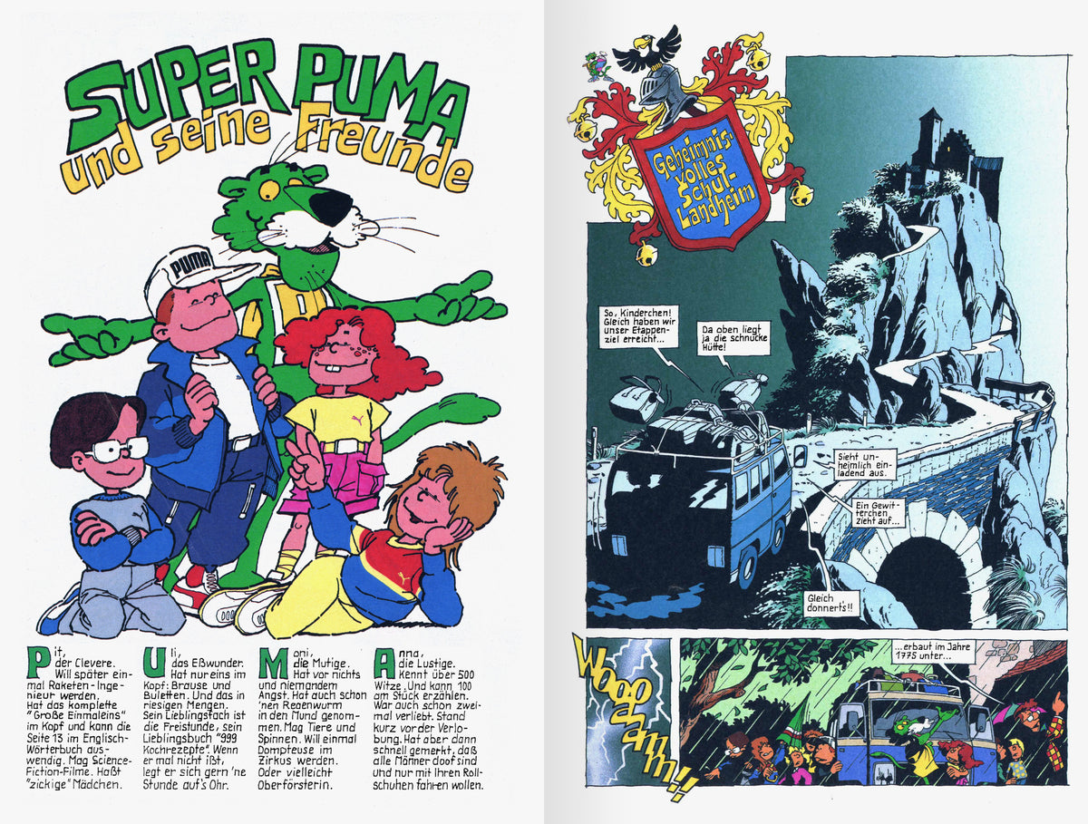 SUPER PUMA – spread with the „und seine Freunde“ title page and a comic story