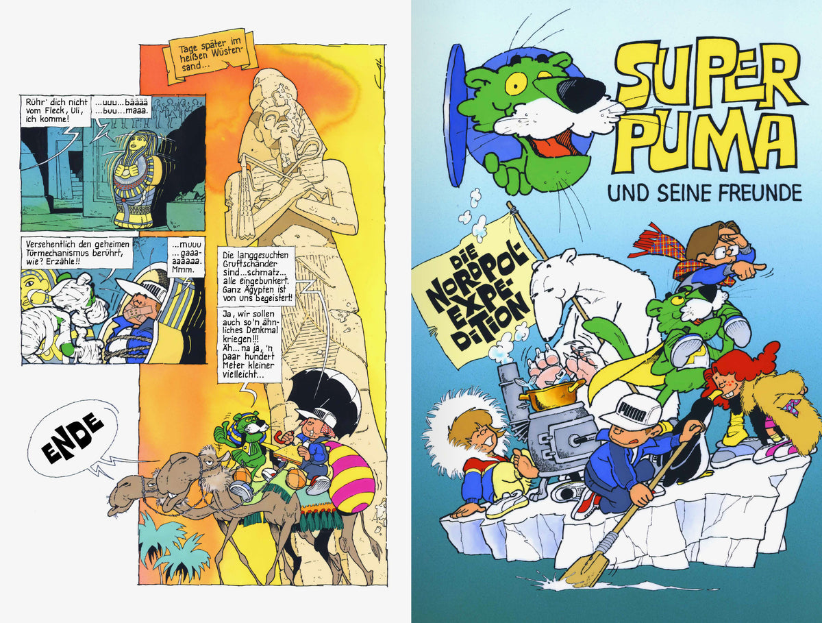 SUPER PUMA – spread with a comic page and the cover „Super Puma und seine Freunde“