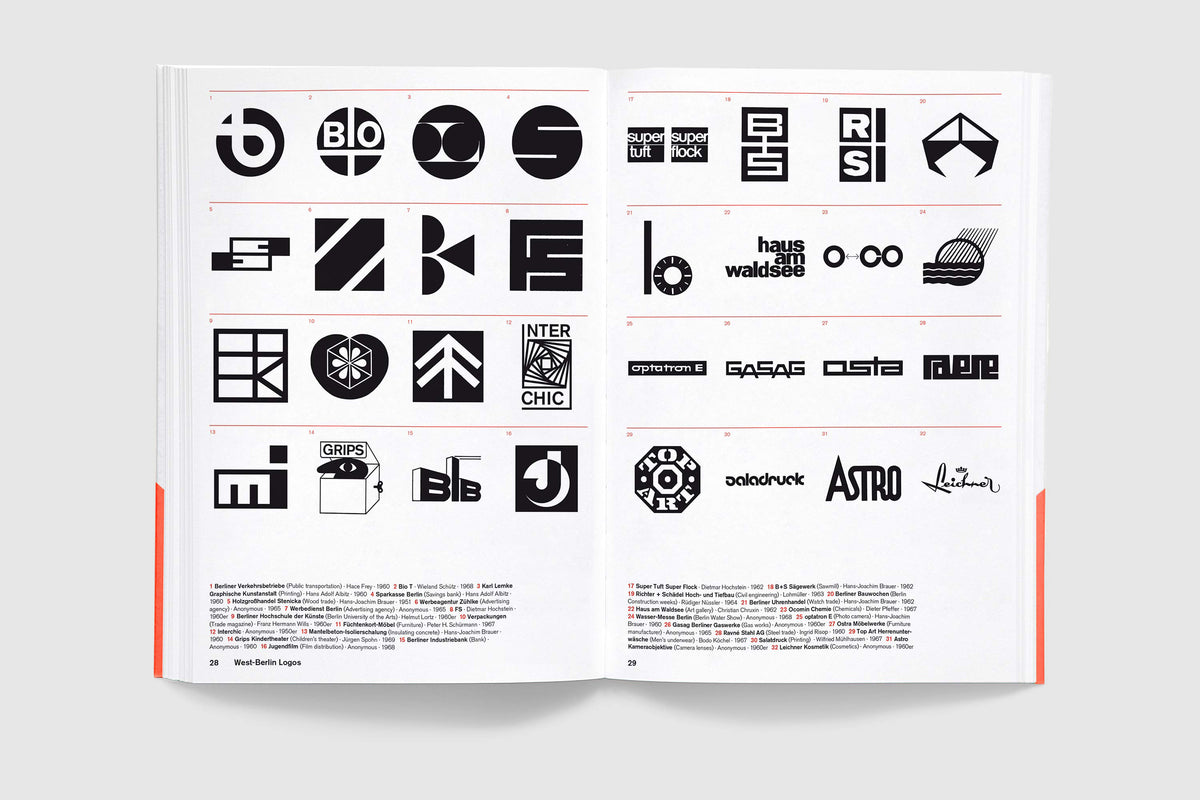 A5/09 West-Berlin Grafik-Design – spread with a grid of West Berlin logos and trademarks